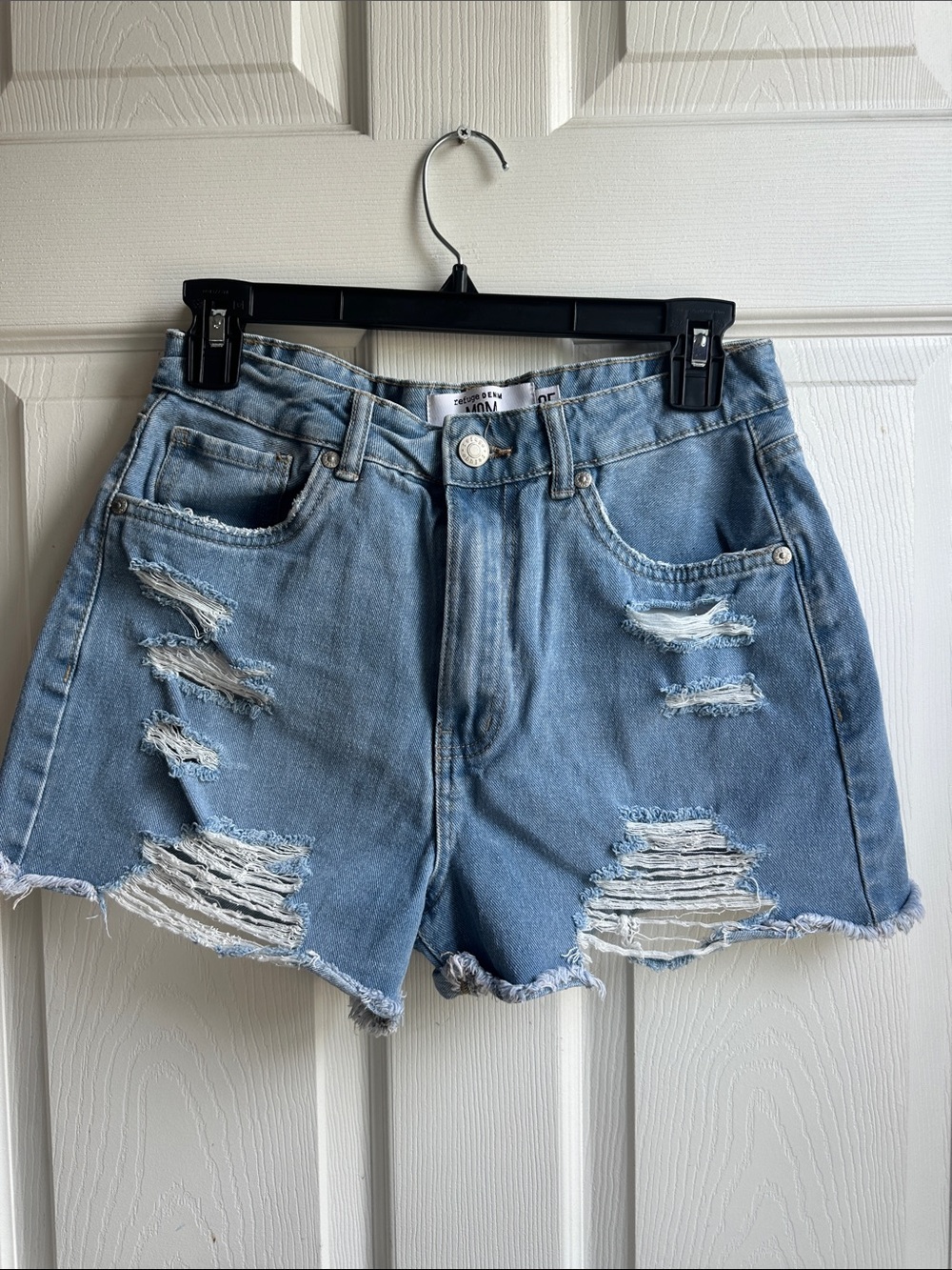 refuge Light Blue Distressed High-Rise Denim Shorts